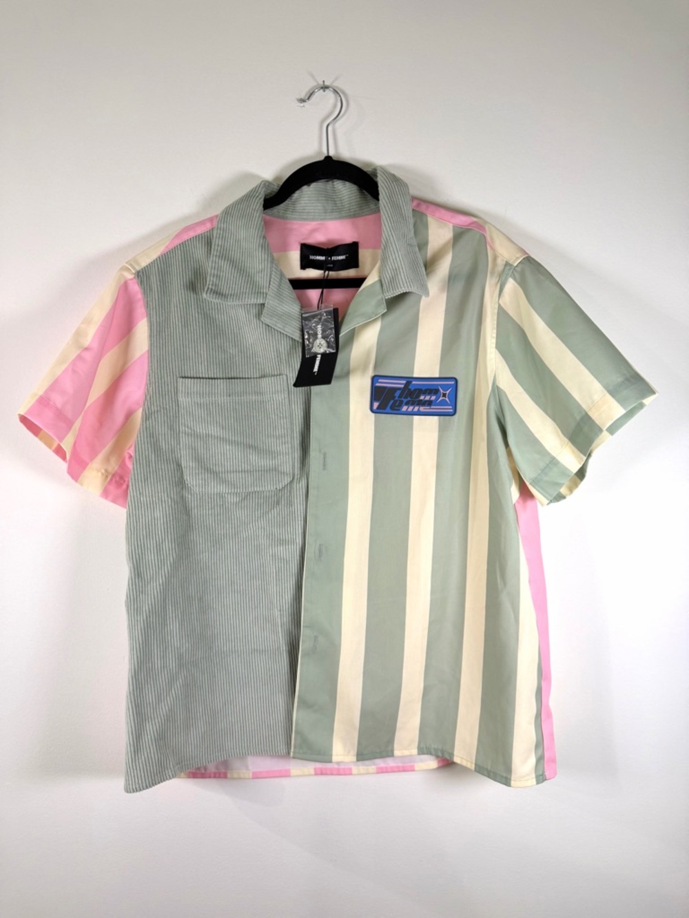 Homme + Femme Striped Short-Sleeve Button-Down Shirt in Sage Green, Pink & Cream